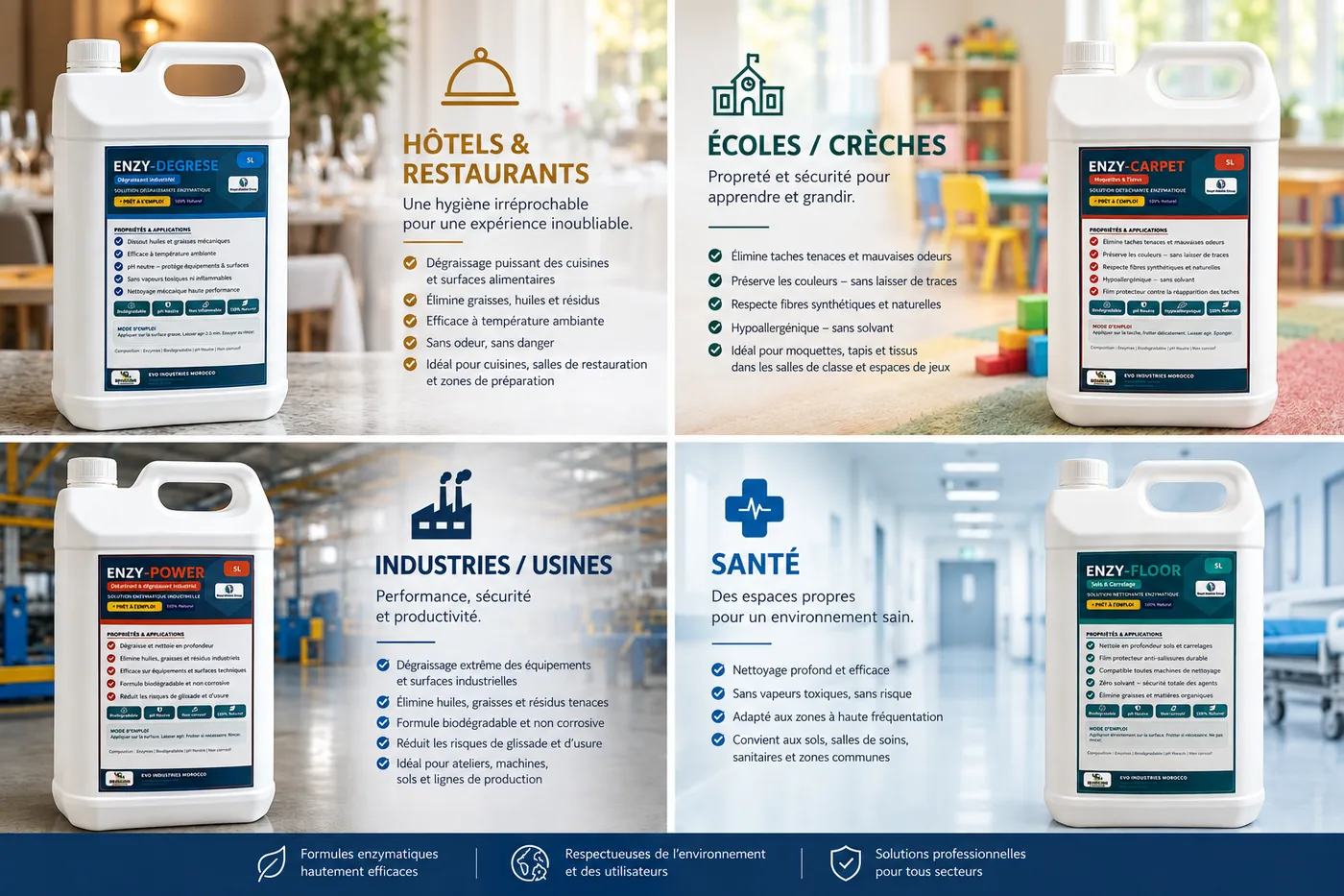 Produits d'entretien ENZY par secteur : hôtels et restaurants, écoles et crèches, industrie, santé